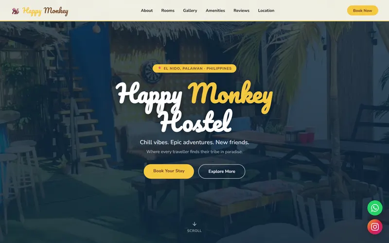 The Happy Monkey Hostel website on a desktop screen