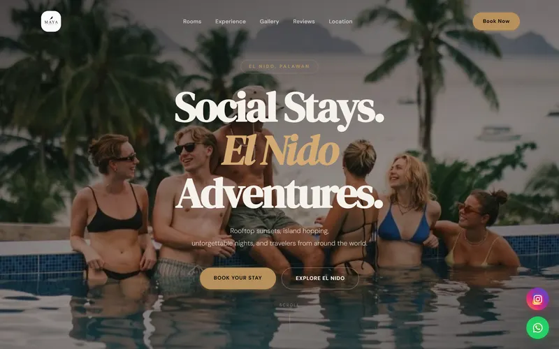 The Maya Hostel website on a desktop screen