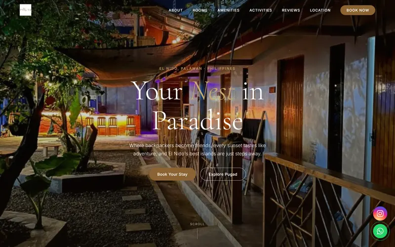 The Pugad Hostel website on a desktop screen