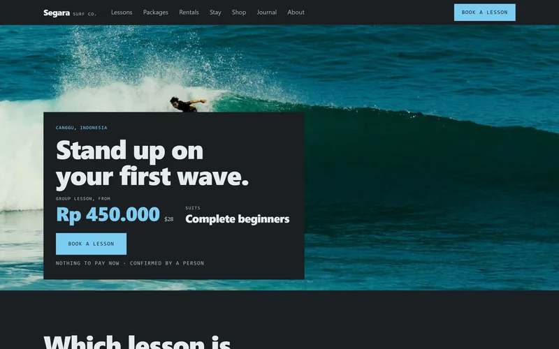 The Segara Surf Co website on a desktop screen