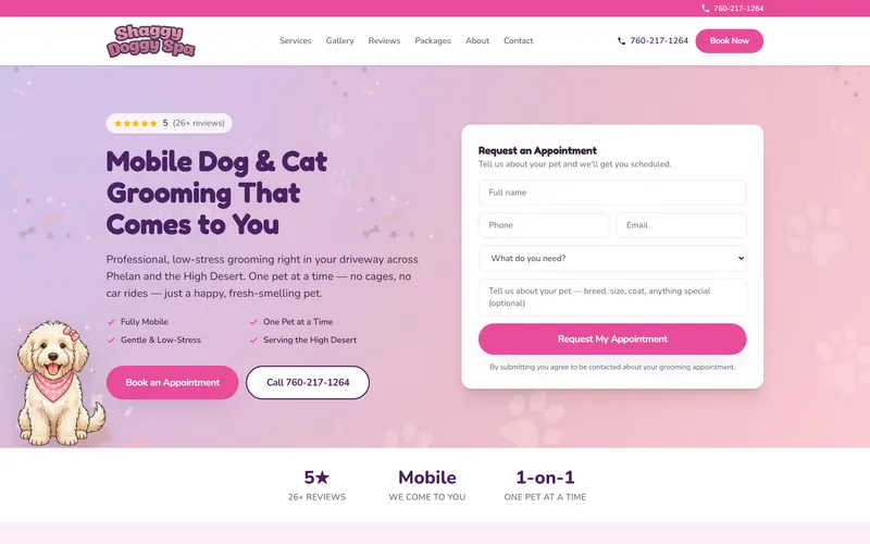 The Shaggy Doggy Spa website on a desktop screen