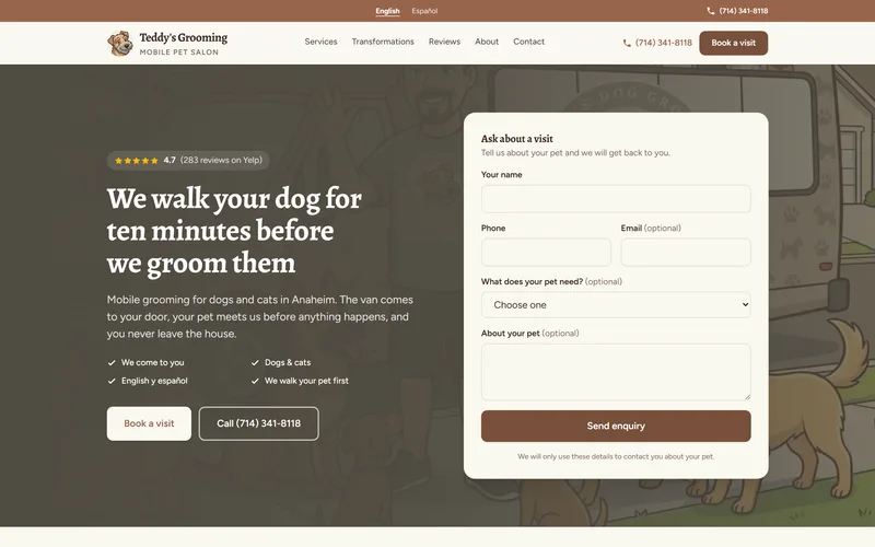 The Teddy's Grooming website on a desktop screen