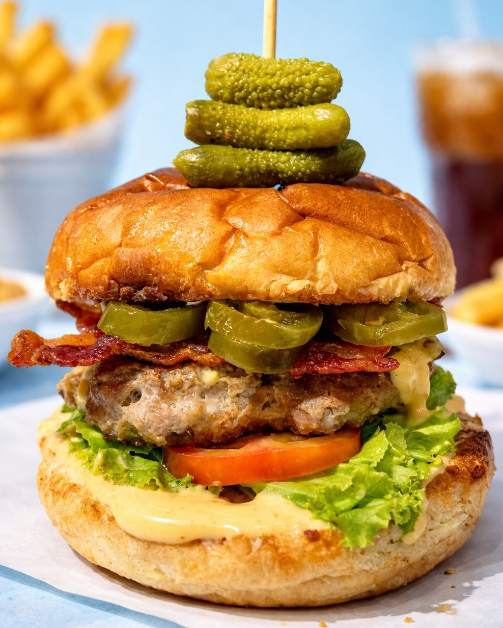 Gourmet burger stacked high