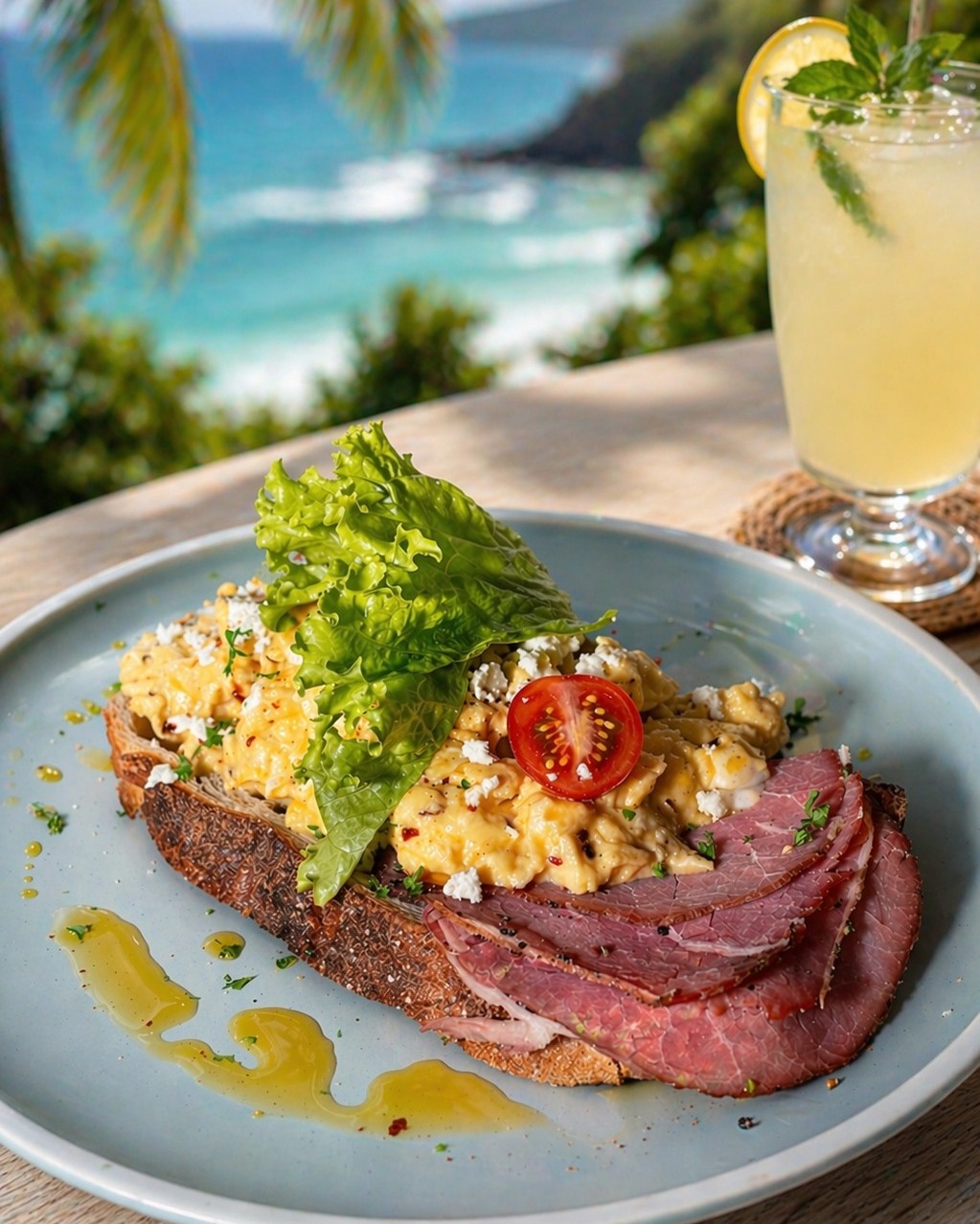 Open-face toast with pastrami and lemonade with beach view