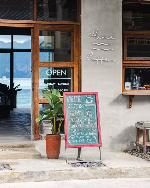 Hama Coffee storefront with open sign and chalkboard menu