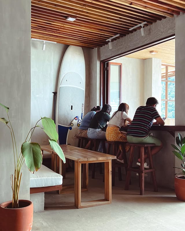 Hama Coffee interior with wooden ceiling and tropical plants
