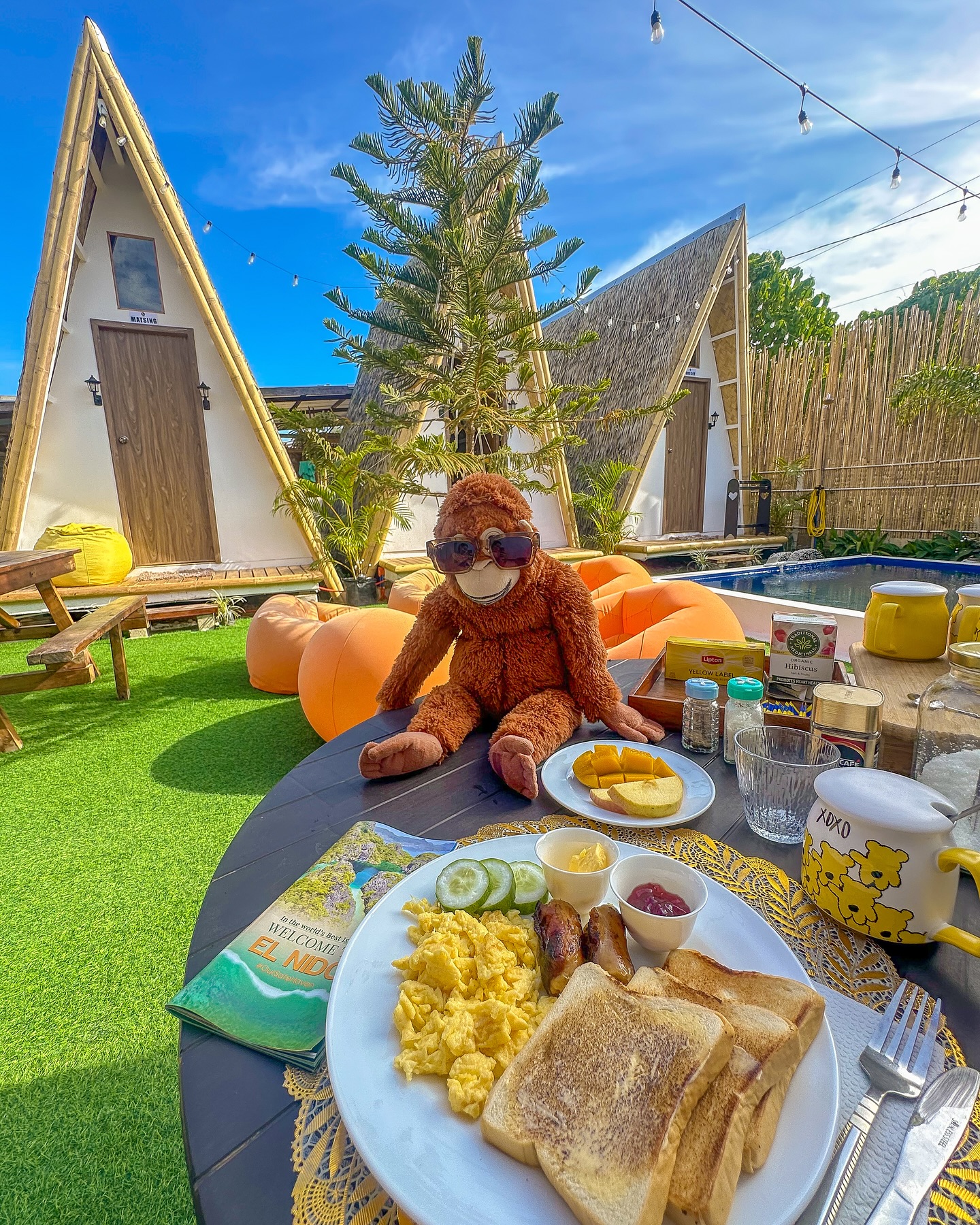Hostel breakfast vibes with monkey mascot