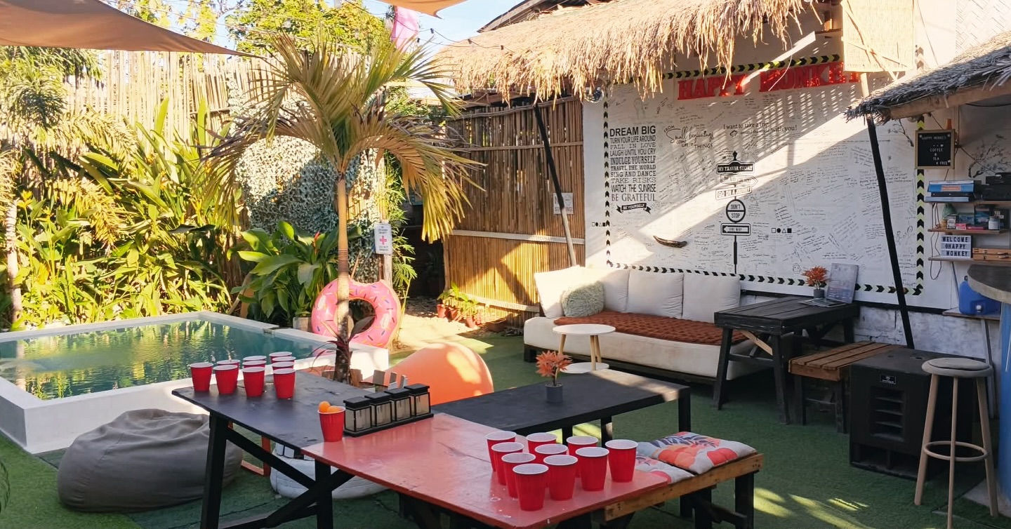 Hostel common area and pool