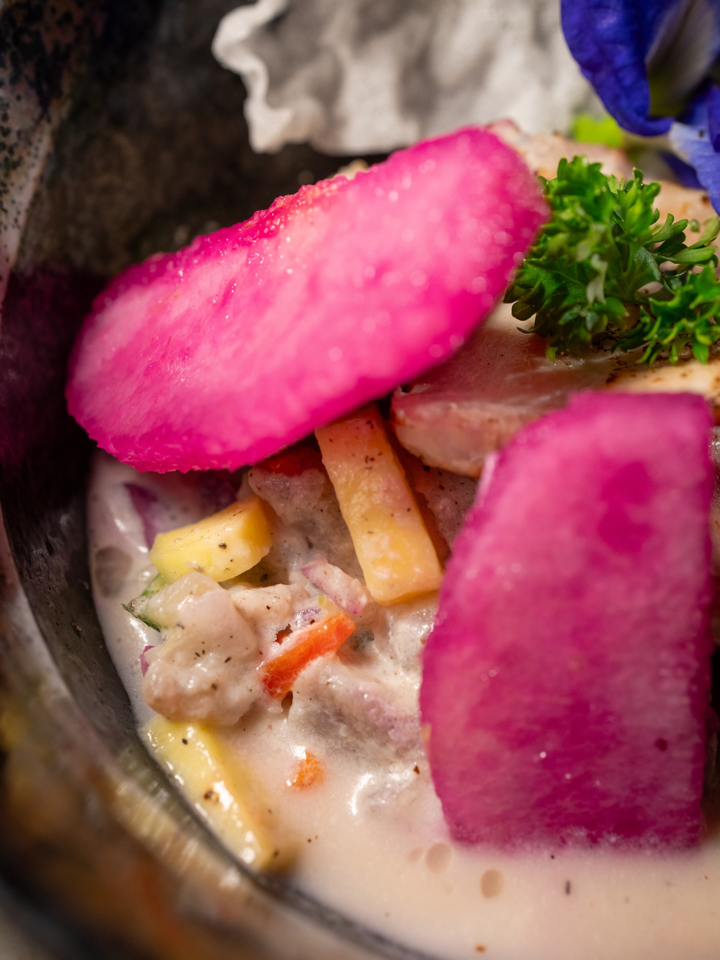 Colorful kinilaw with pink radish and tropical garnish